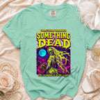 Mint t-shirt with "Something Borrowed Something Dead" graphic of a skeleton bride.