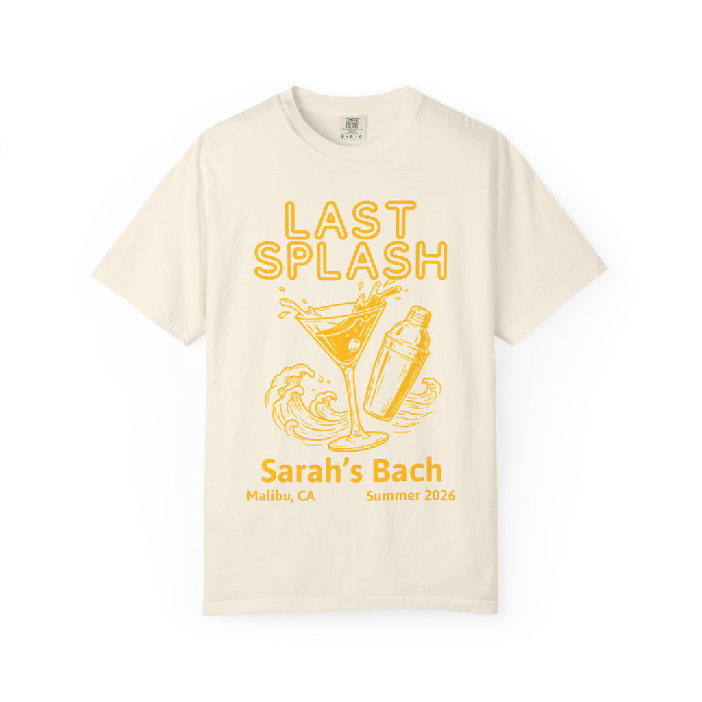 Cream t-shirt with "Sarah's Bach" and cocktail graphics.