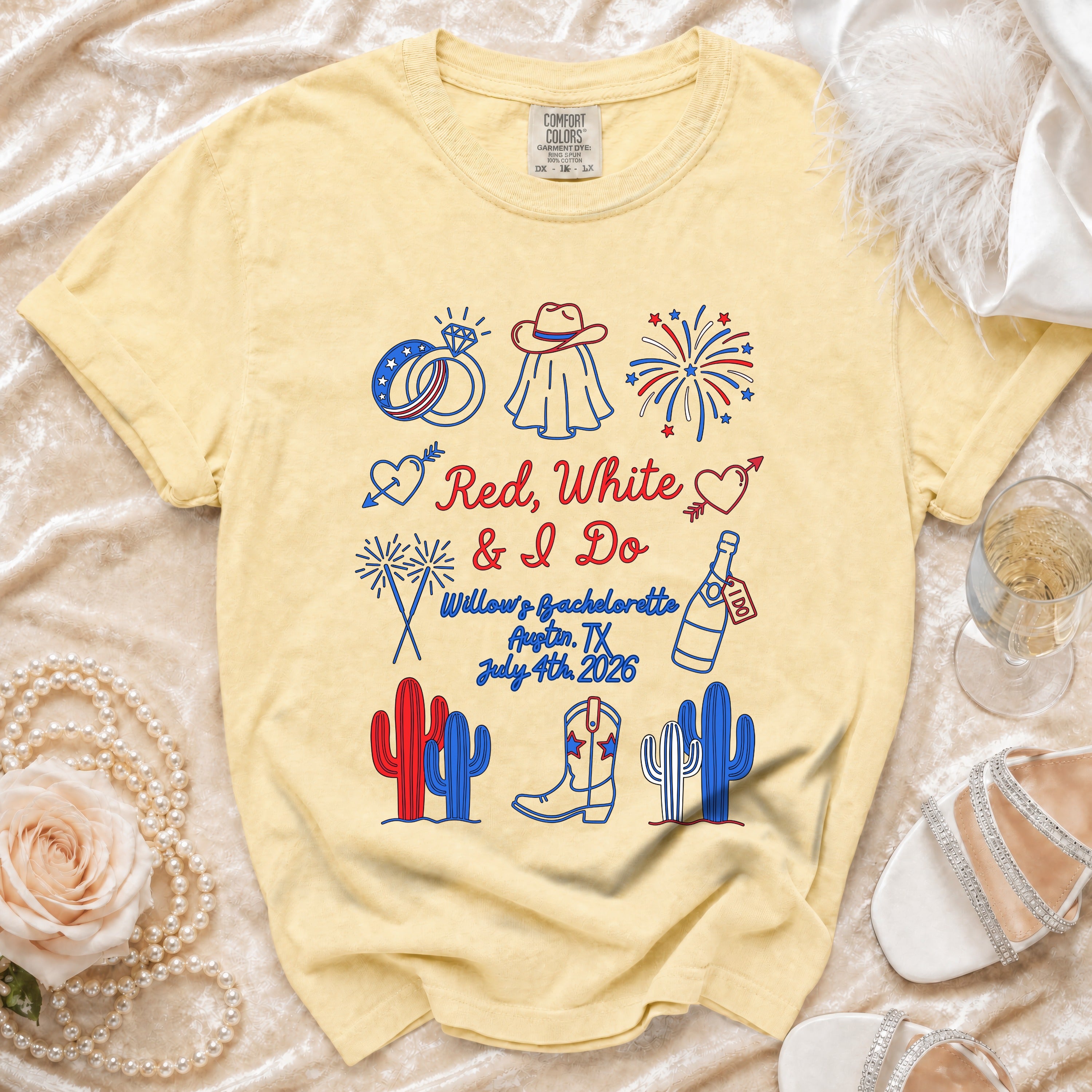 Yellow t-shirt with "Red, White & I Do" and bachelorette details.