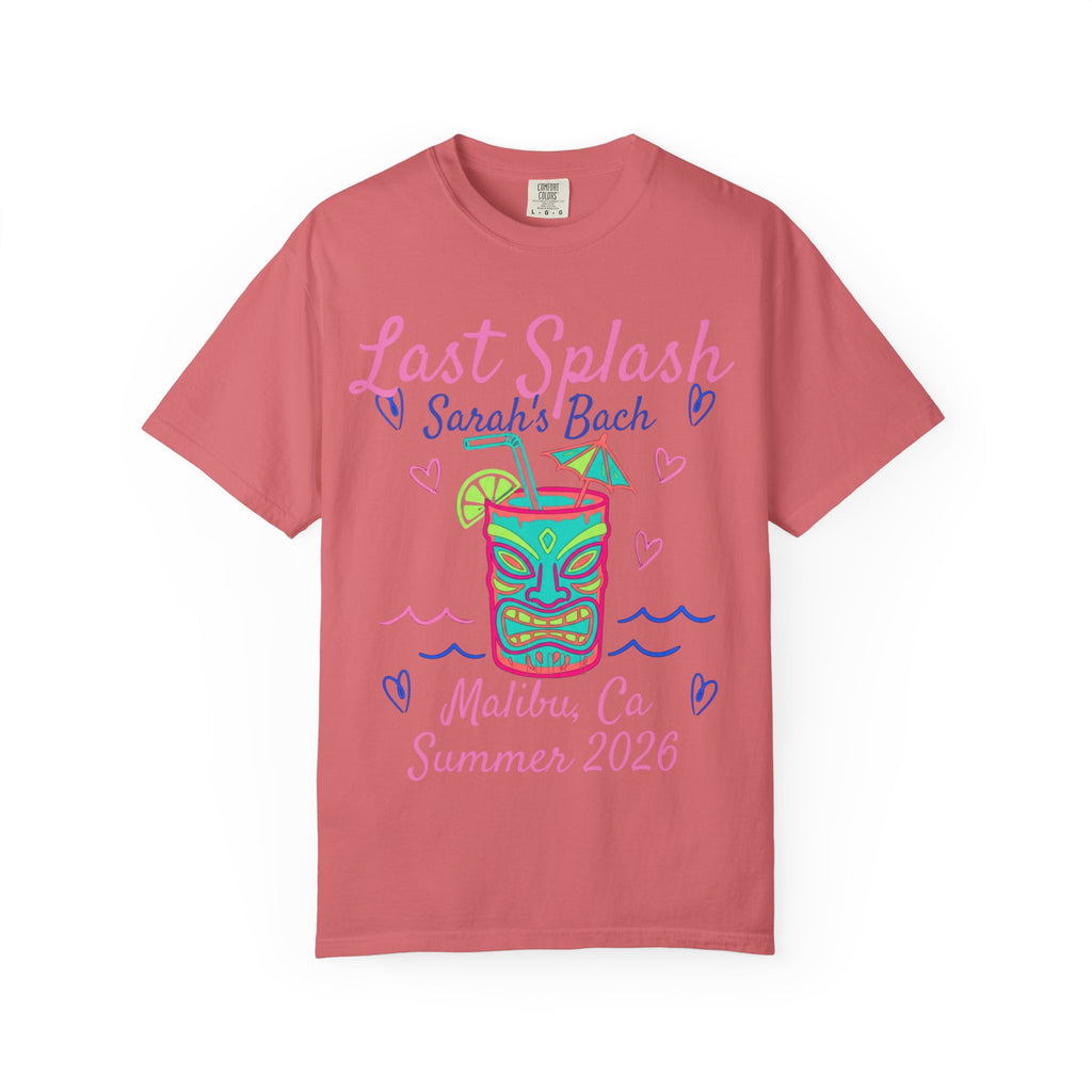 Coral t-shirt with "Last Splash Sarah's Bach Malibu, Ca Summer 2026" text and tiki graphic.