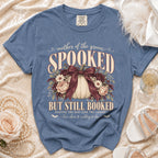 "Mother of the Groom Spooked But Still Booked" text on a blue t-shirt.