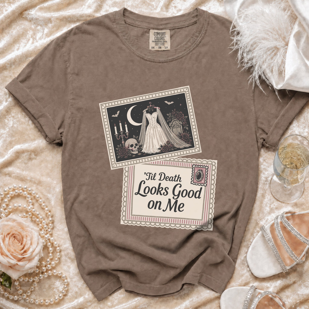 Brown t-shirt with gothic wedding dress and skull graphic, text: 'Til Death Looks Good on Me.