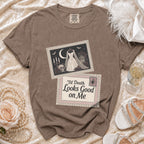 Brown t-shirt with gothic wedding dress and skull graphic, text: 'Til Death Looks Good on Me.
