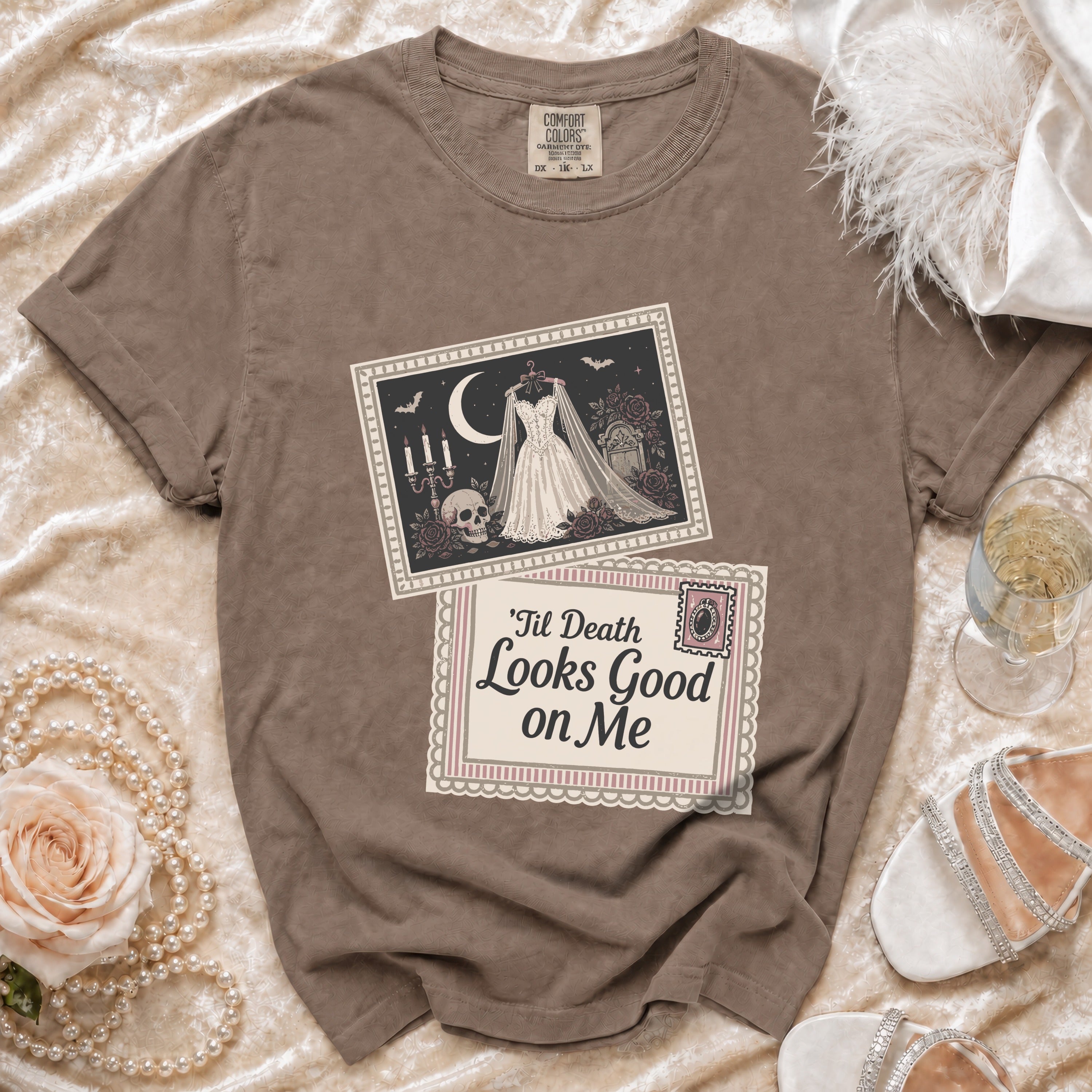 Brown t-shirt with gothic wedding dress and skull graphic, text: 'Til Death Looks Good on Me.