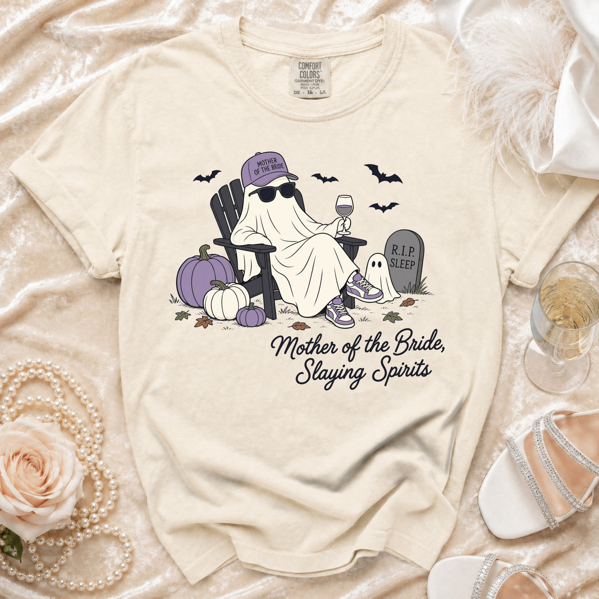 T-shirt with ghost graphic, "Mother of the Bride, Slaying Spirits" text, and pumpkins.