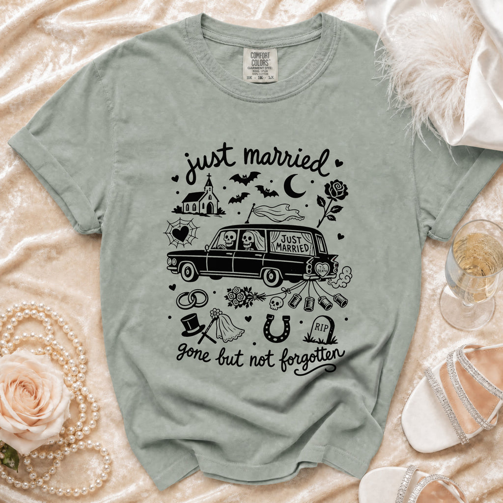 Green t-shirt with "just married gone but not forgotten" graphic.
