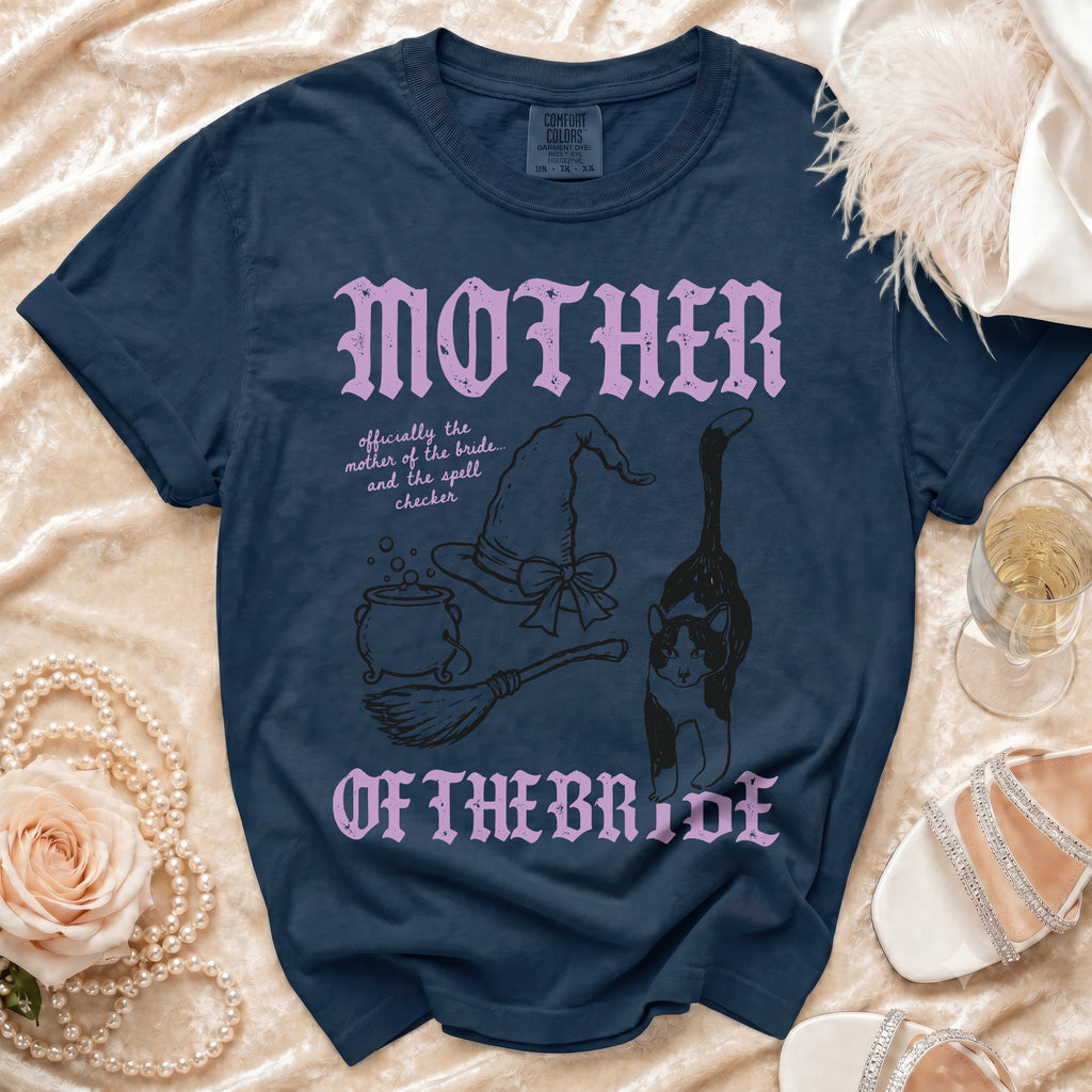 Navy t-shirt with "MOTHER OF THE BRIDE" text and witchy graphics.