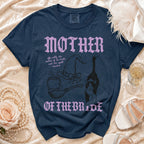 Navy t-shirt with "MOTHER OF THE BRIDE" text and witchy graphics.