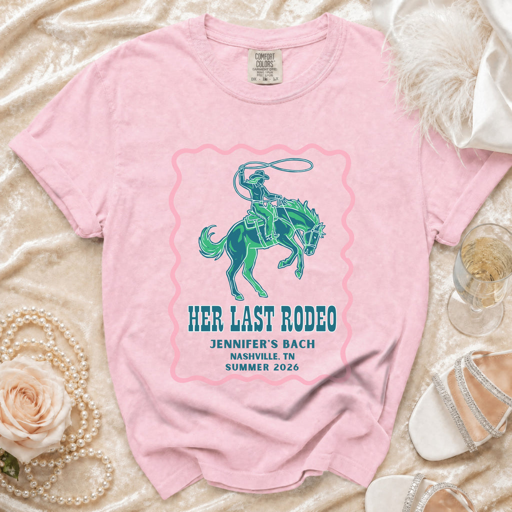 Pink t-shirt with "Her Last Rodeo" and Nashville bachelorette details.