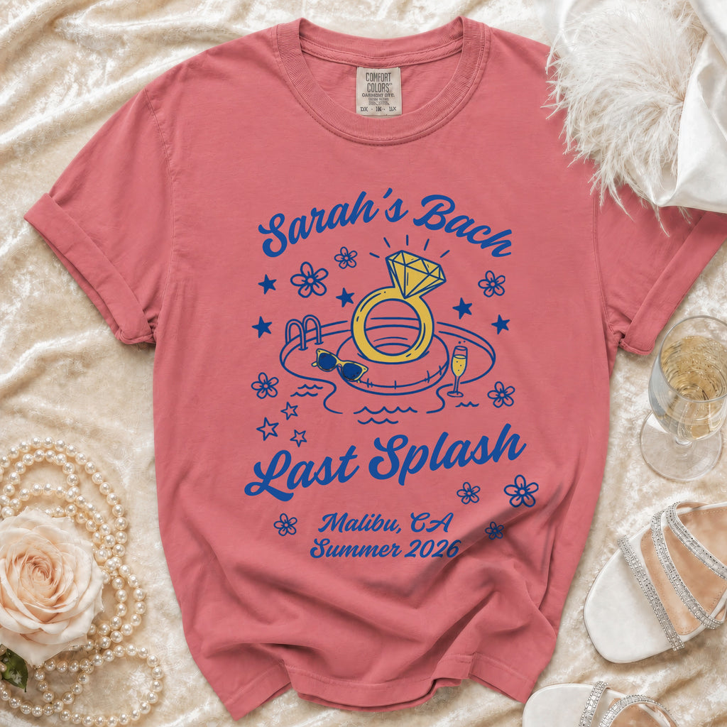 Coral t-shirt for "Sarah's Bach Last Splash" in Malibu, Summer 2026.
