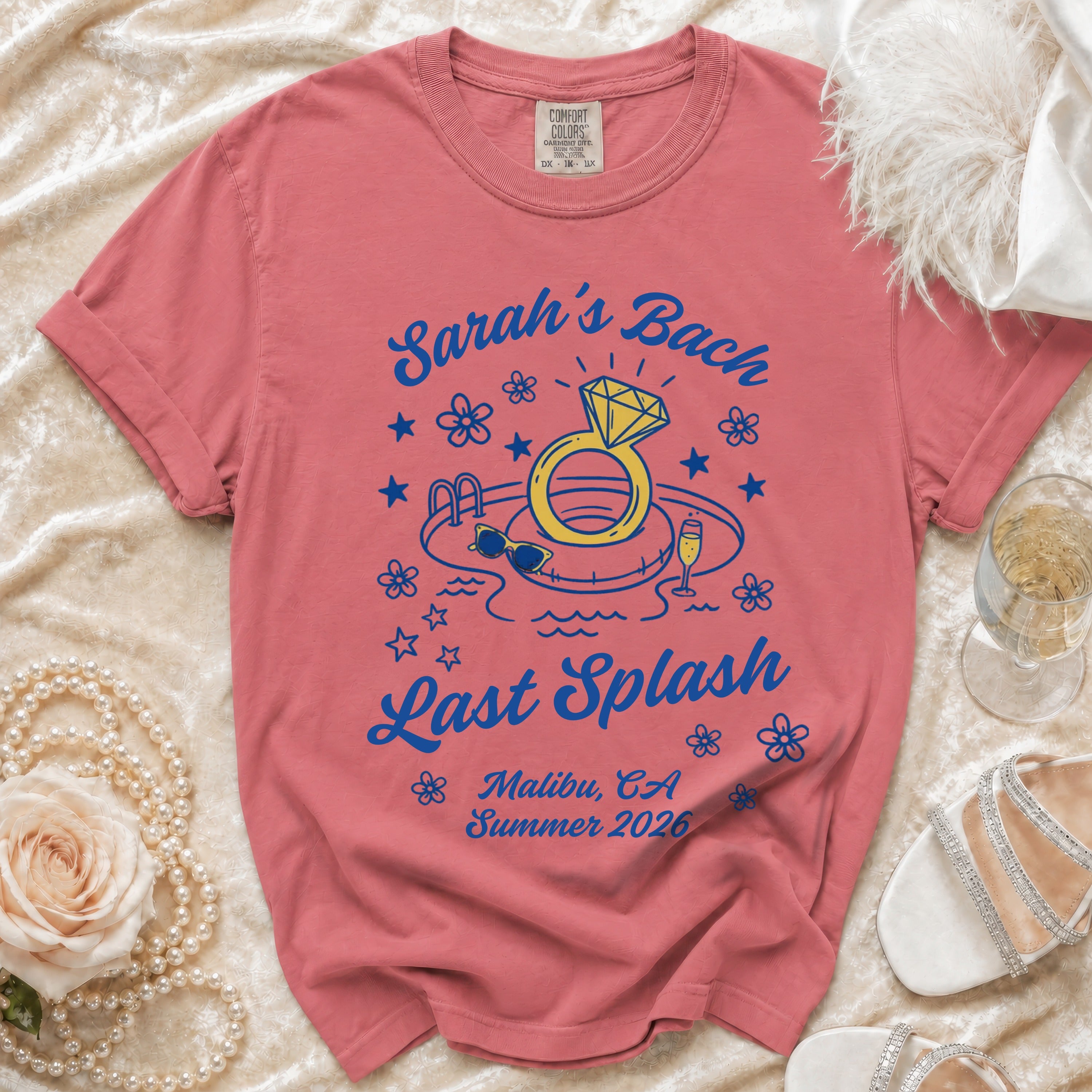 Coral t-shirt for "Sarah's Bach Last Splash" in Malibu, Summer 2026.