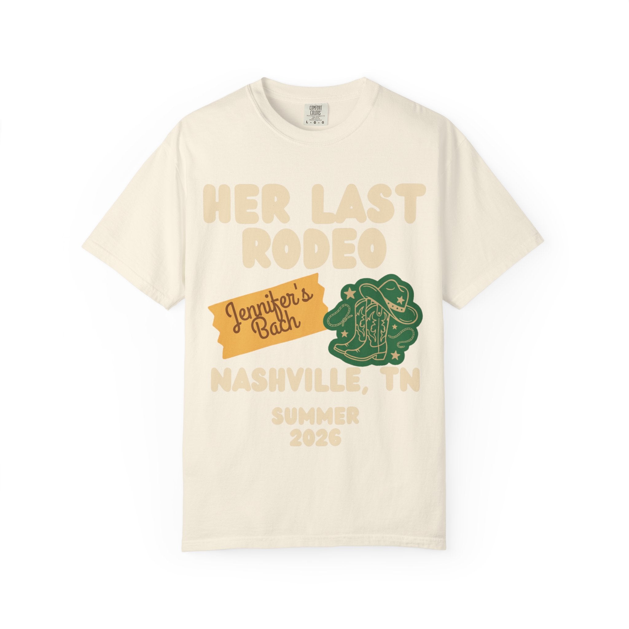 T-shirt graphic for "Her Last Rodeo" in Nashville, TN, Summer 2026.