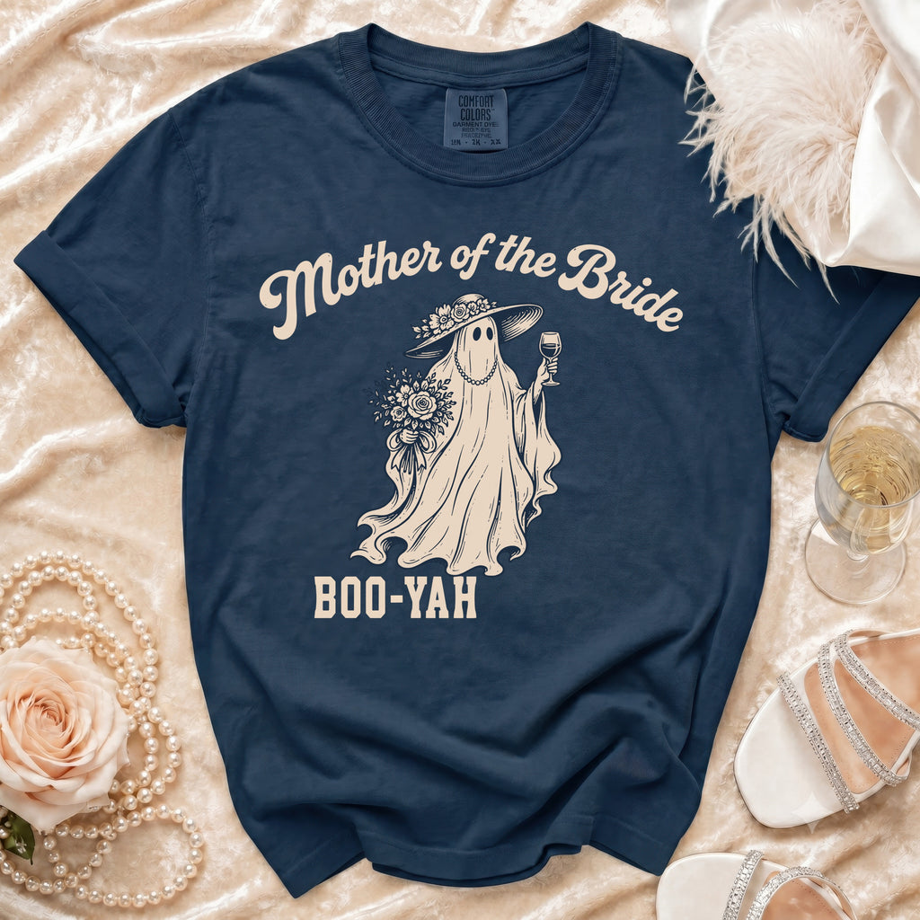 Navy t-shirt with "Mother of the Bride" and ghost graphic, "Boo-Yah".