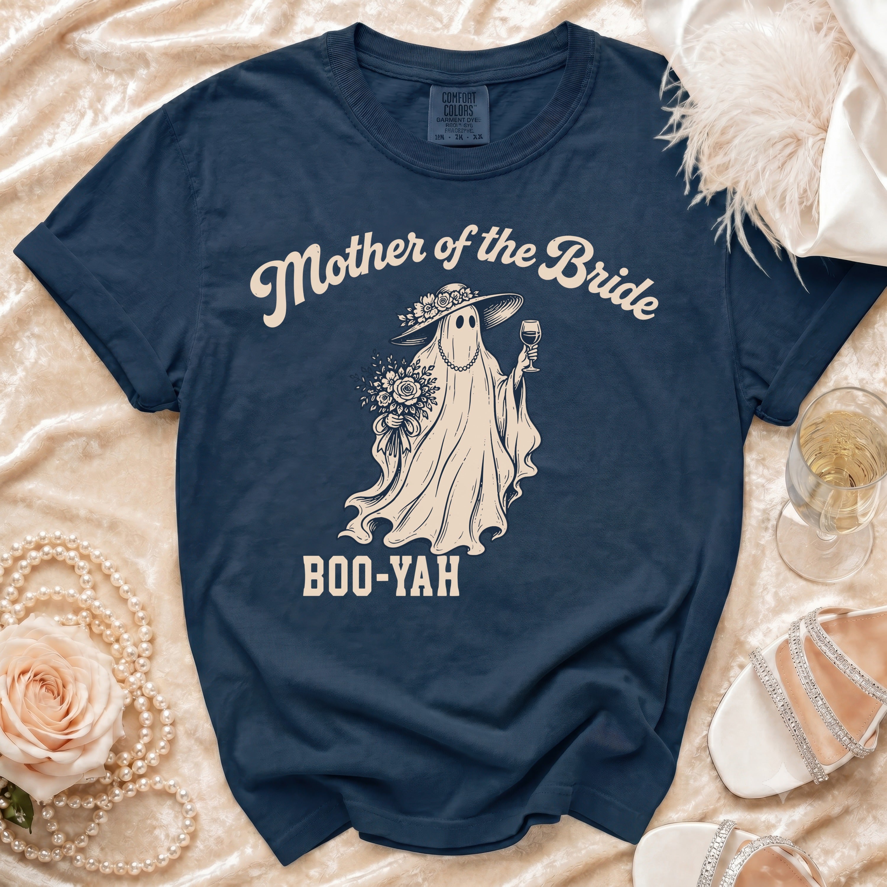 Navy t-shirt with "Mother of the Bride" and ghost graphic, "Boo-Yah".