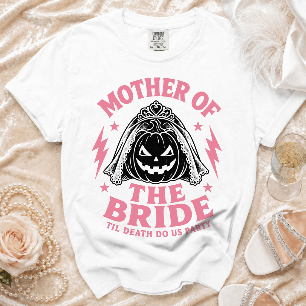 White t-shirt with "Mother of the Bride" and pumpkin in veil graphic.