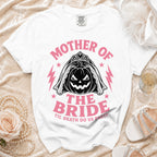 White t-shirt with "Mother of the Bride" and pumpkin in veil graphic.