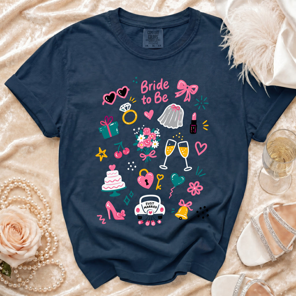 Navy t-shirt with "Bride to Be" graphic and wedding-themed icons.