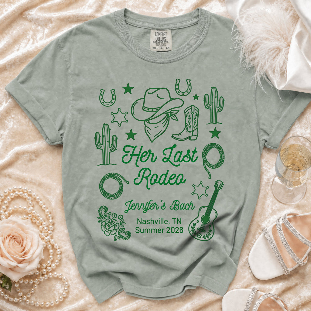 T-shirt with "Her Last Rodeo" and bachelorette party details.