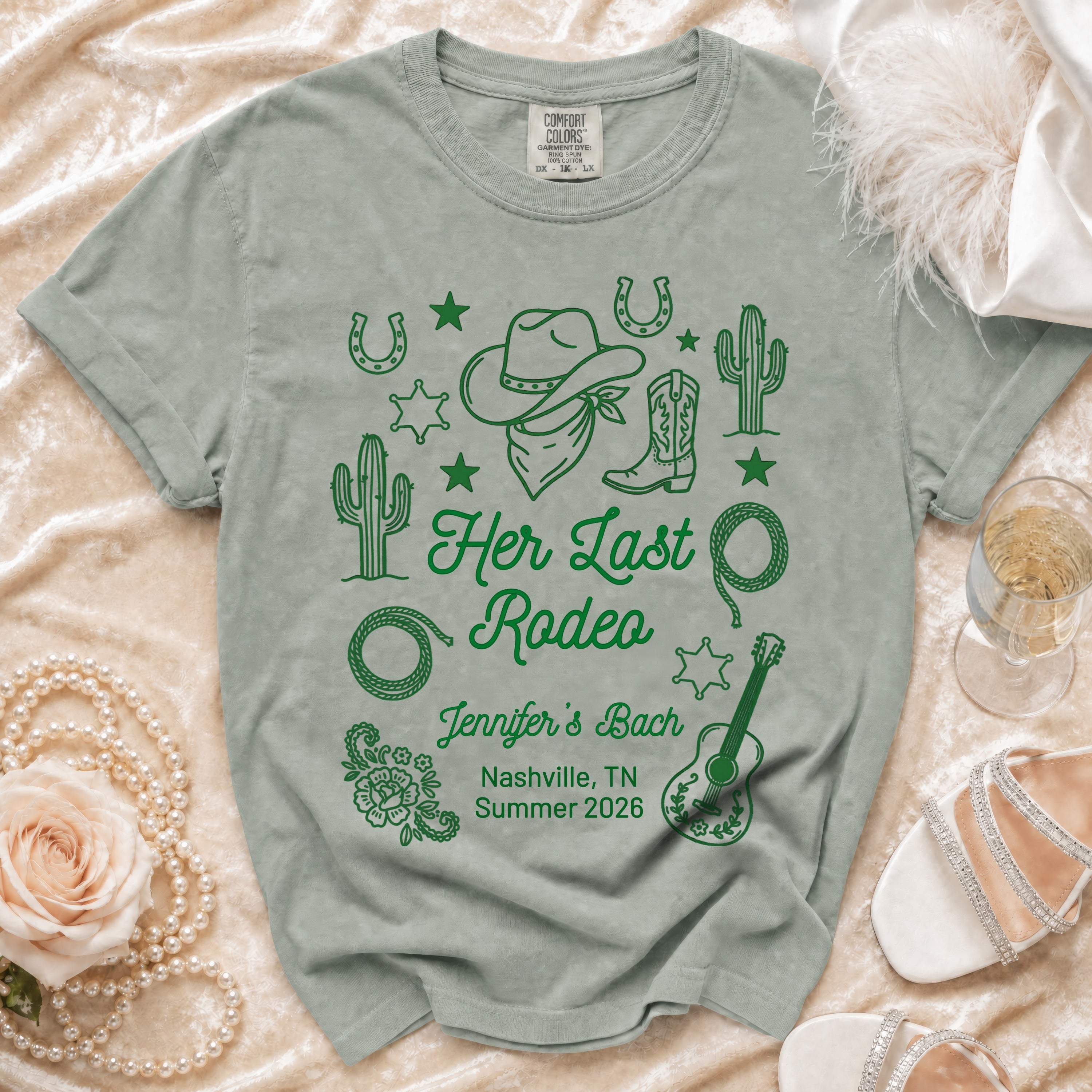 T-shirt with "Her Last Rodeo" and bachelorette party details.