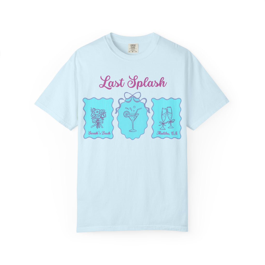 Light blue t-shirt with "Last Splash" text and cocktail graphics.