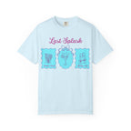 Light blue t-shirt with "Last Splash" text and cocktail graphics.