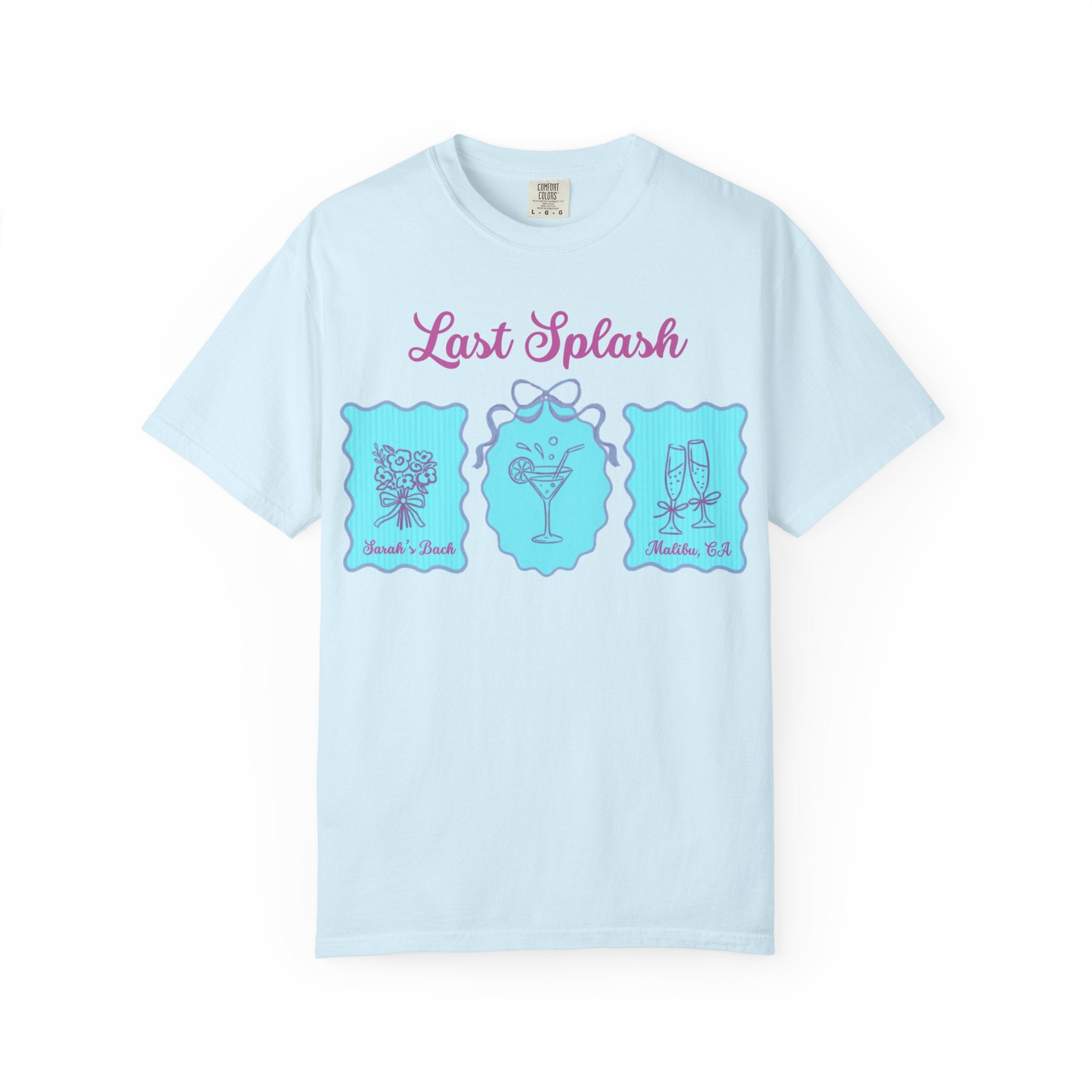 Light blue t-shirt with "Last Splash" text and cocktail graphics.