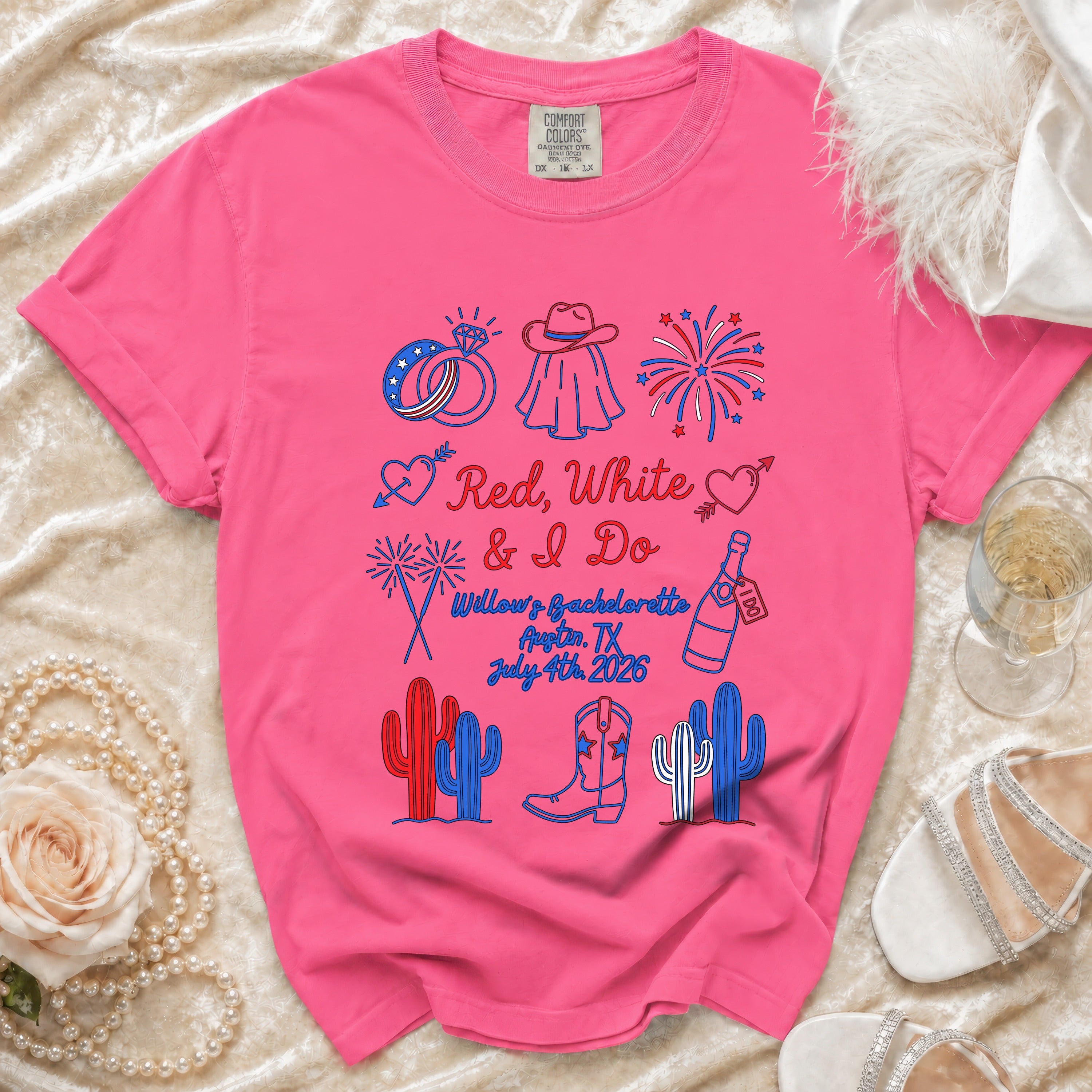 Red, White & I Do bachelorette shirt with bachelorette details in Austin, TX.