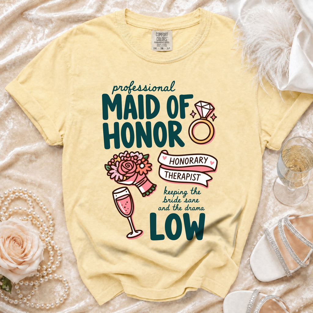 Yellow t-shirt with "Maid of Honor, Honorary Therapist" graphic and wedding elements.