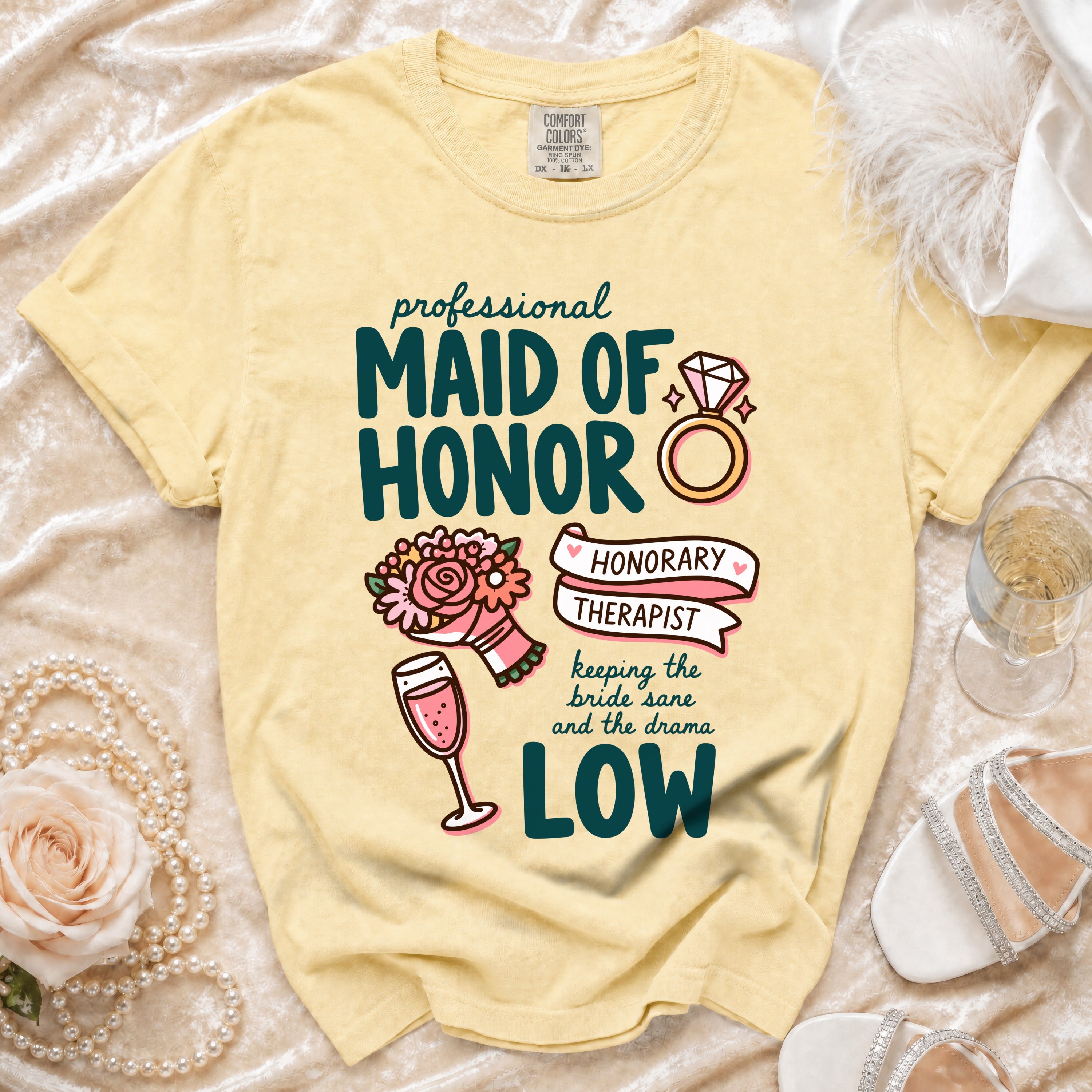 Yellow t-shirt with "Maid of Honor, Honorary Therapist" graphic and wedding elements.