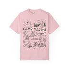Pink t-shirt with Camp Martha logo featuring outdoor illustrations and event details.