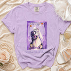 Purple t-shirt with skeleton bride and groom graphic and text.
