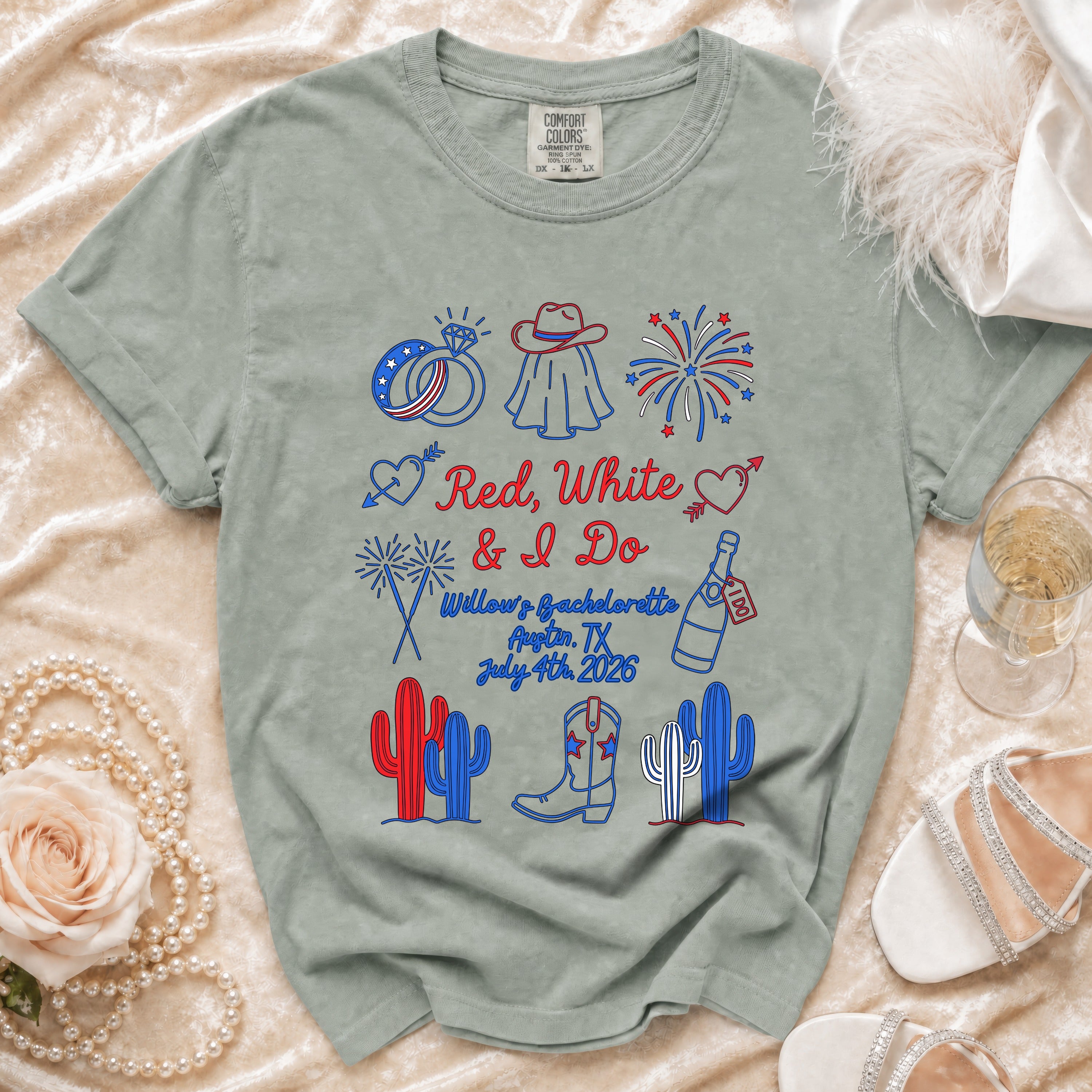 Red, White & I Do bachelorette t-shirt with patriotic graphics and event details.