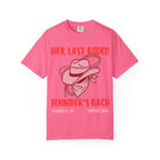 Pink t-shirt with "Her Last Rodeo" and bachelorette details.