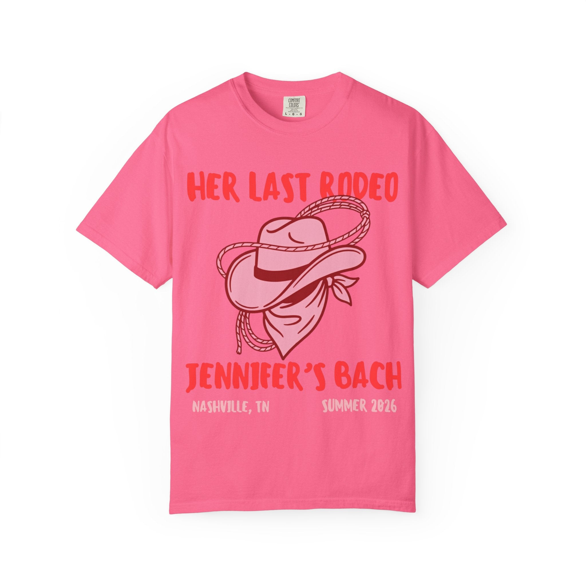 Pink t-shirt with "Her Last Rodeo" and bachelorette details.