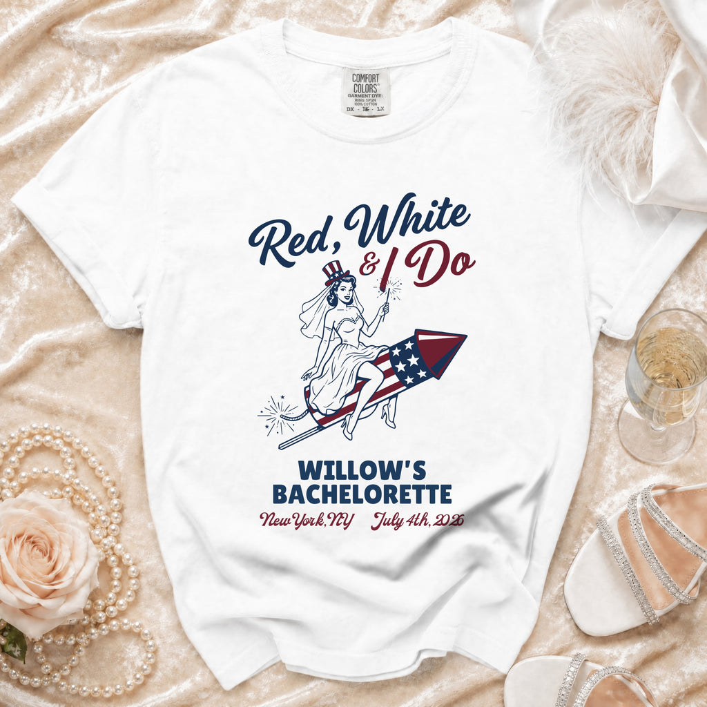 White t-shirt with "Red, White & I Do" text and a bride on a rocket.