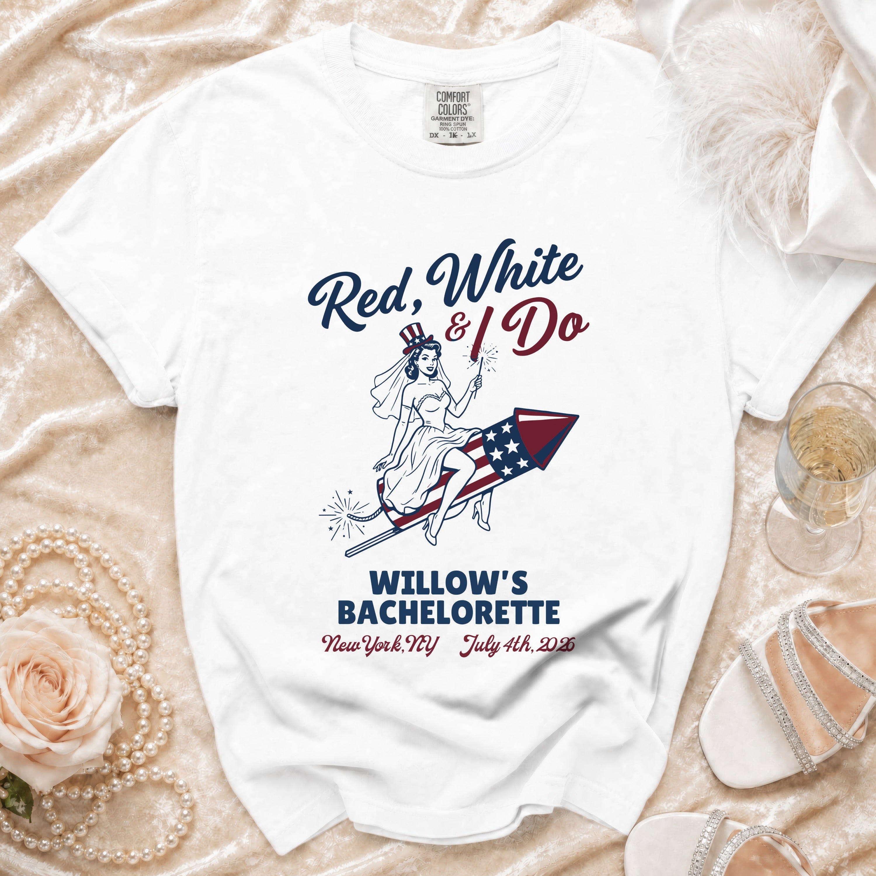 White t-shirt with "Red, White & I Do" text and a bride on a rocket.