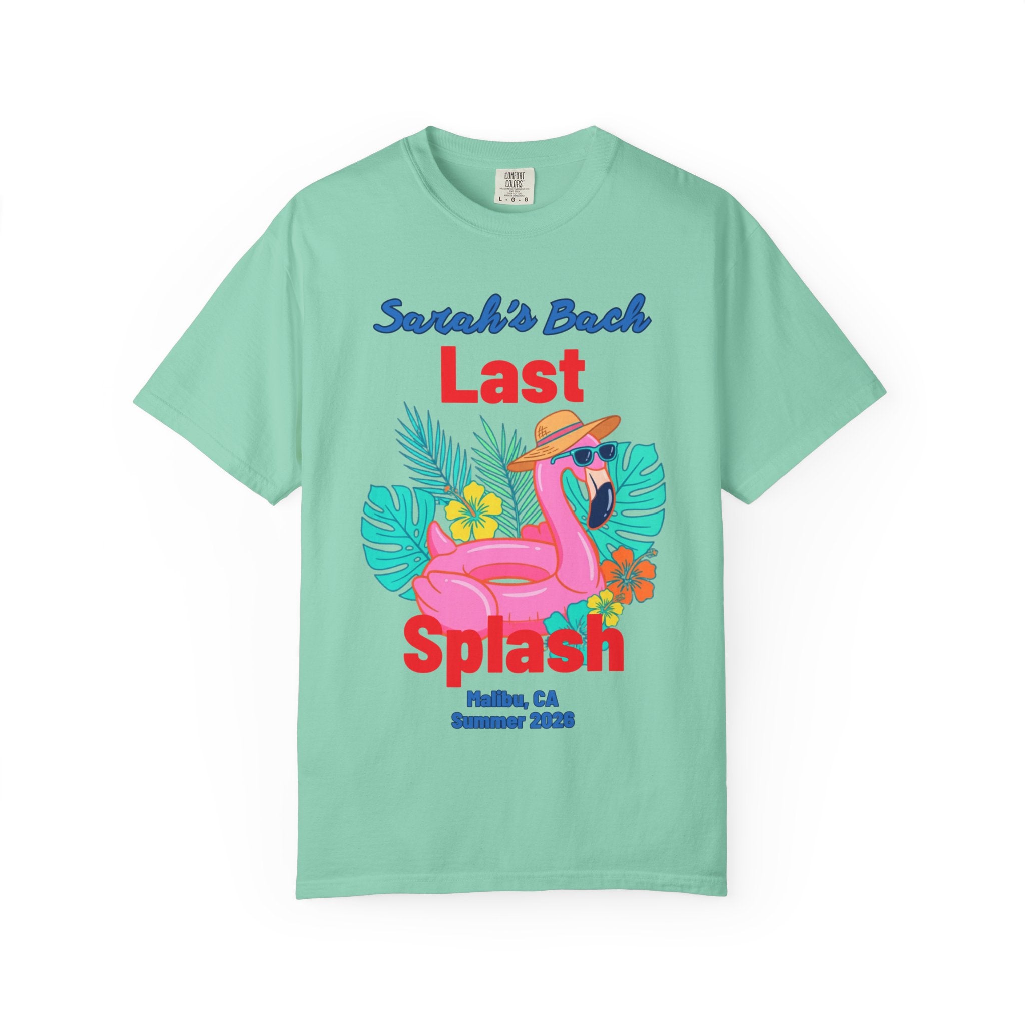 Sarah's Last Splash t-shirt with flamingo, palm leaves, Malibu, CA, Summer 2023.