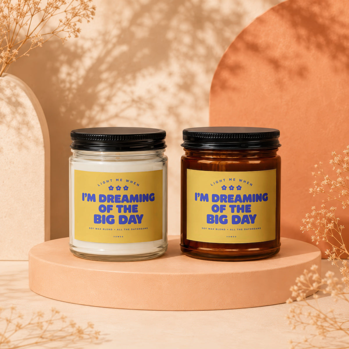 Two candles with yellow labels reading "I'm Dreaming of the Big Day".
