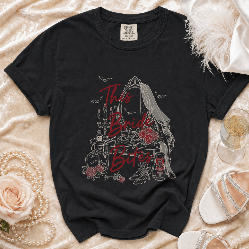 Black t-shirt with "This Bride Bites" gothic wedding design and bats.