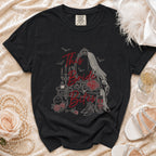 Black t-shirt with "This Bride Bites" gothic wedding design and bats.