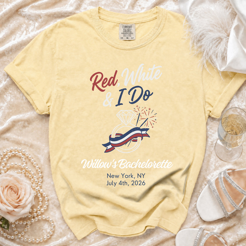 Yellow t-shirt with "Red White & I Do" graphic and bachelorette details.
