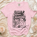Pink t-shirt with "Maid of Honor Obviously" graphic, bouquet, champagne, and ring.