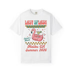 White t-shirt graphic with "Last Splash Sarah's Bach Malibu CA Summer 2026" and flamingo float.