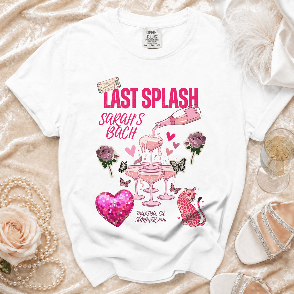 White t-shirt with "Last Splash Sarah's Bach" graphic, Malibu CA.