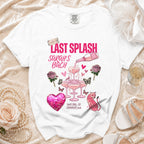 White t-shirt with "Last Splash Sarah's Bach" graphic, Malibu CA.