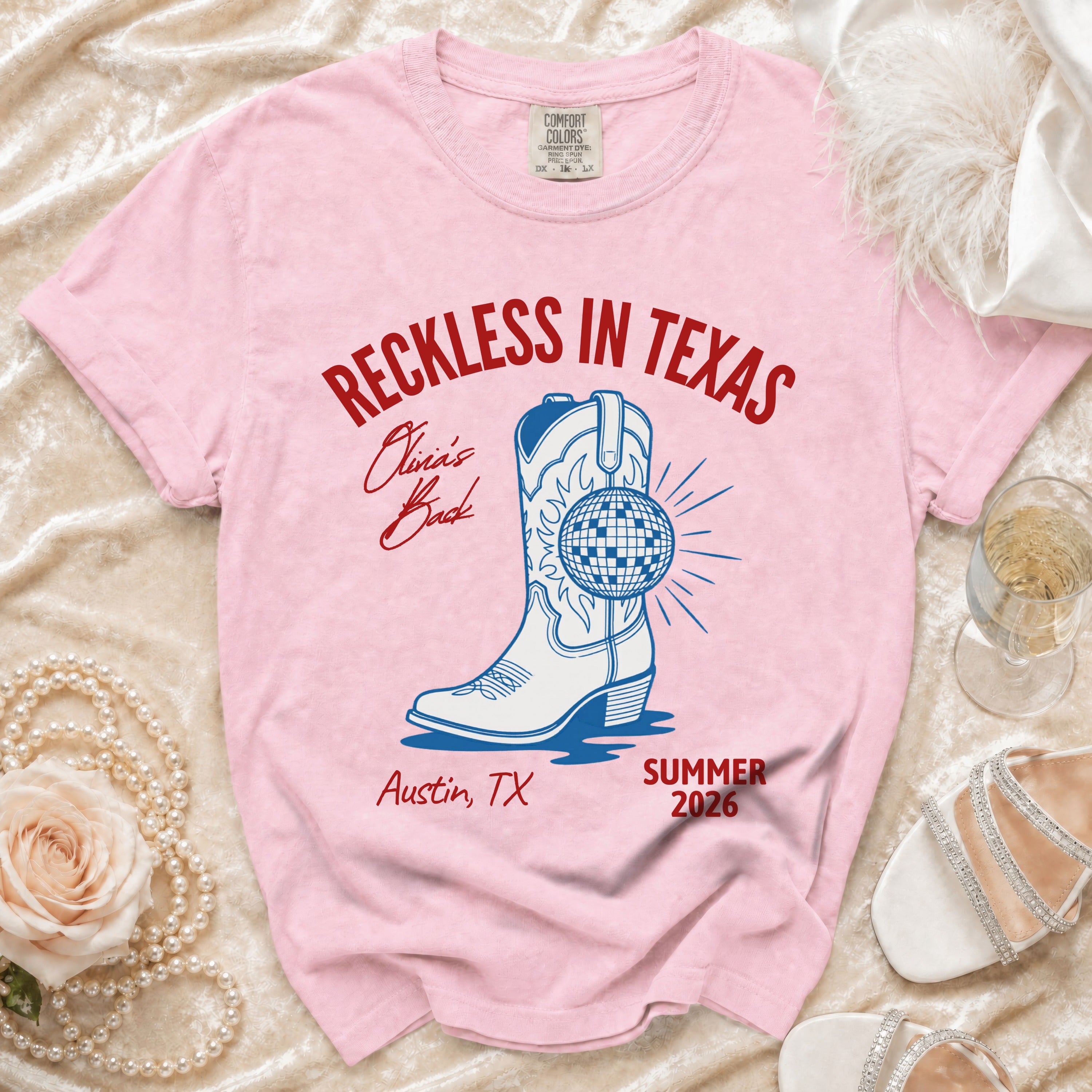 Distressed cowboy boot and disco ball graphic with "Reckless in Texas" and "Austin, TX Summer 2026".