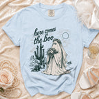 Light blue t-shirt with ghost bride graphic and "here comes the boo" text.