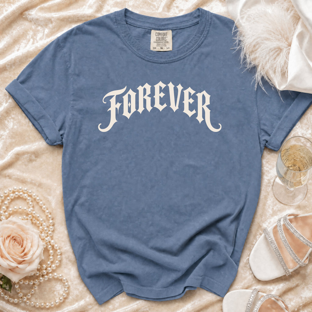 Blue t-shirt with white "Forever" text and Comfort Colors label.