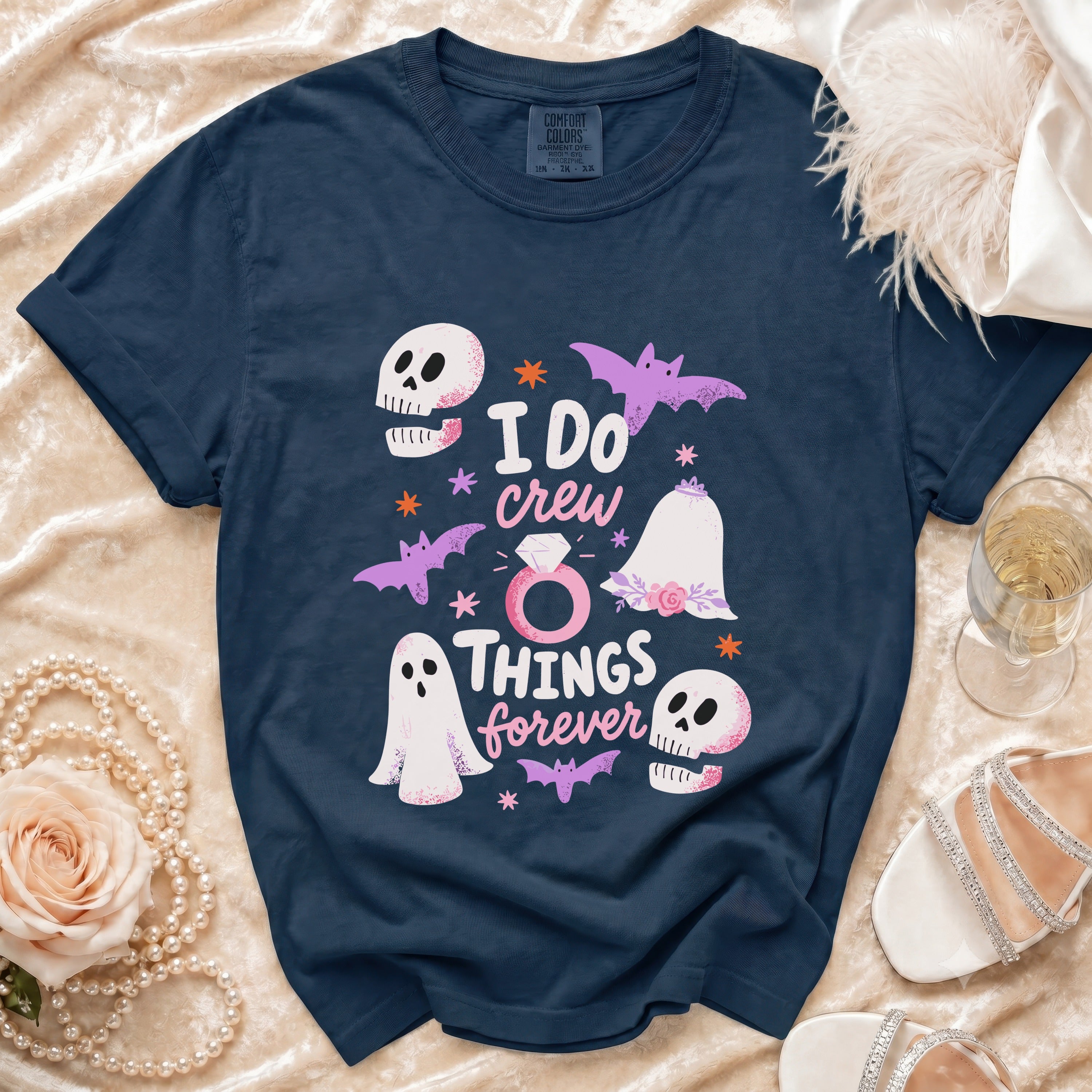 Navy t-shirt with "I Do crew things forever" Halloween theme graphic.