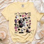 Yellow t-shirt with Halloween-themed skeleton wedding graphics and text.
